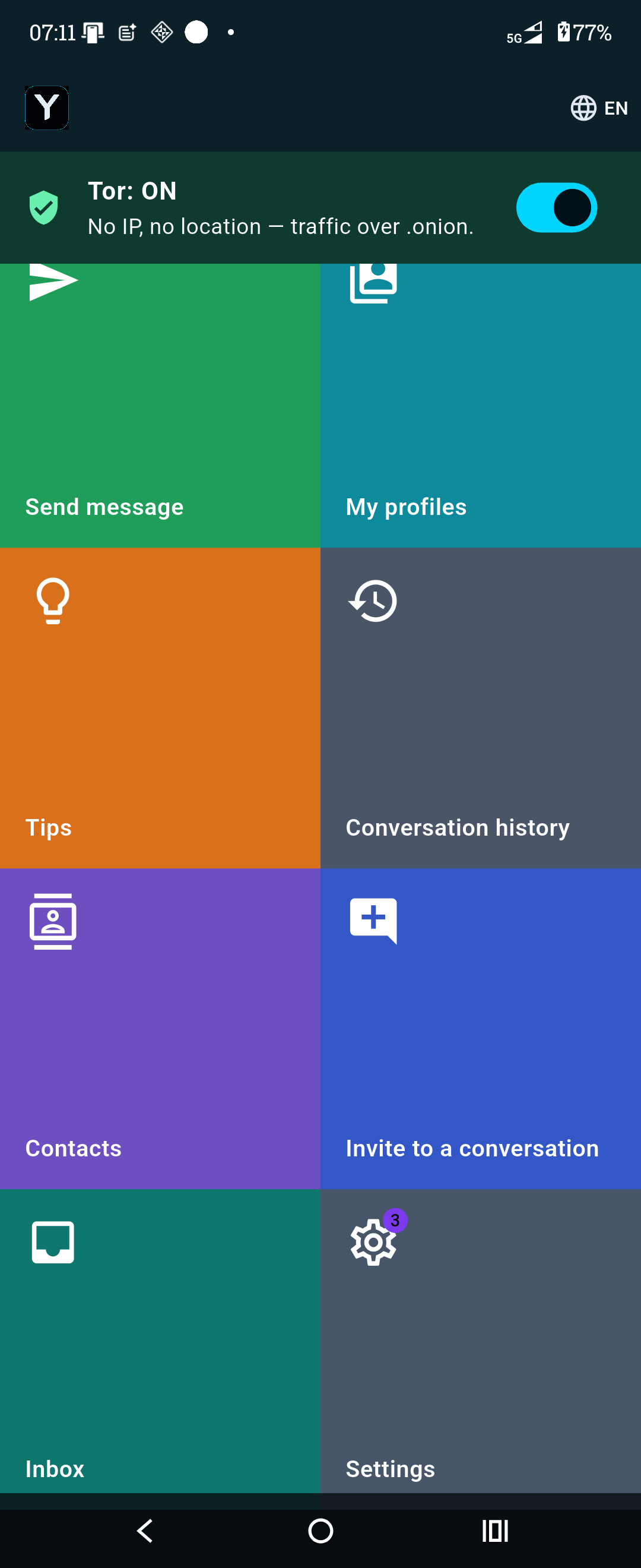 Home — tiles for contacts, profiles and conversations, with Tor on by default