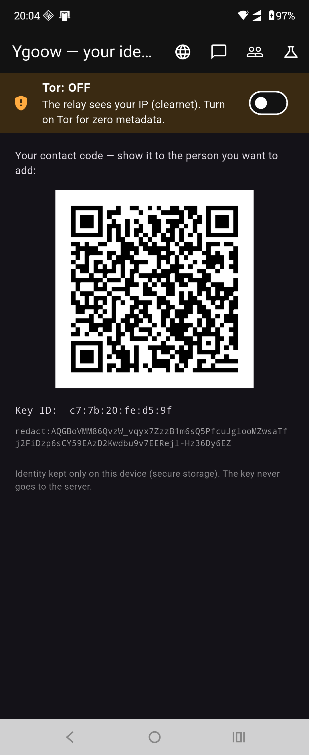 Your local identity and the Tor connection toggle