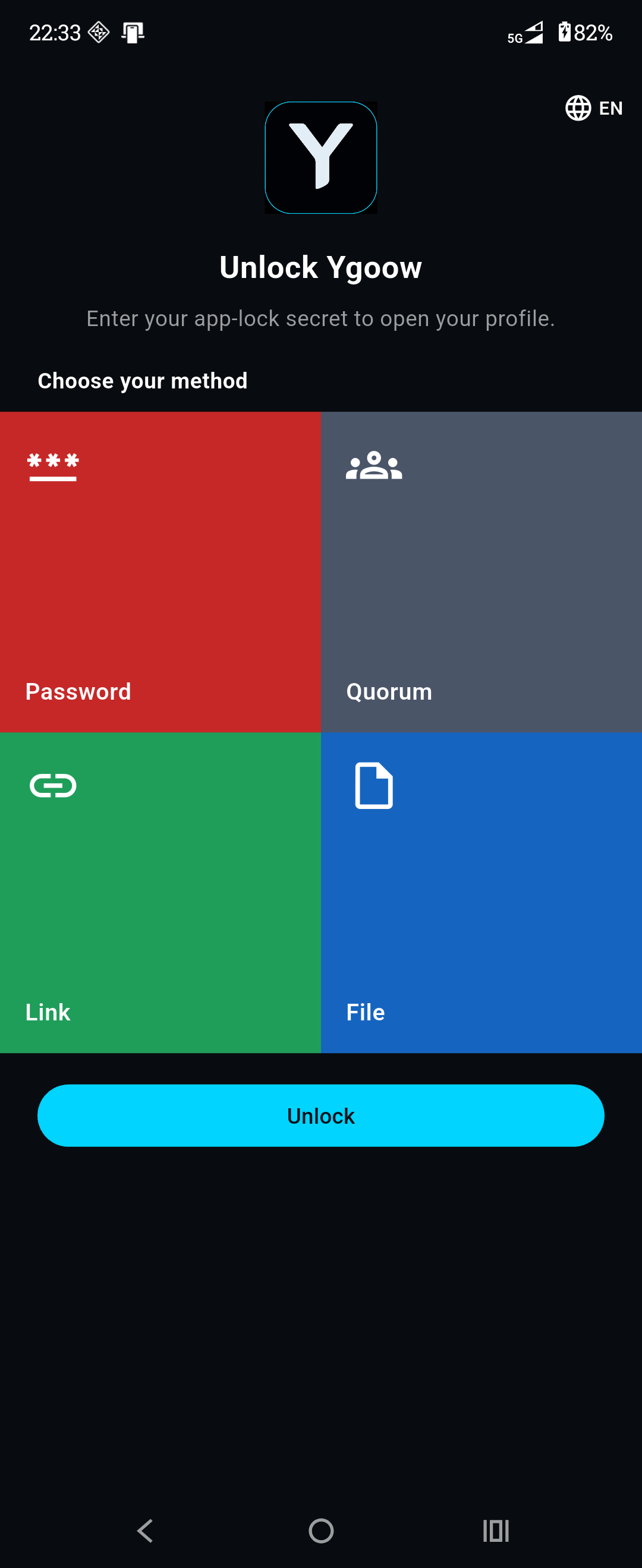 App-lock unlock — password, quorum, a link, or a file